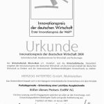Urkunde Innovationspreis der deutschen Wirtschaft 2008 für HERZOG INTERTEC